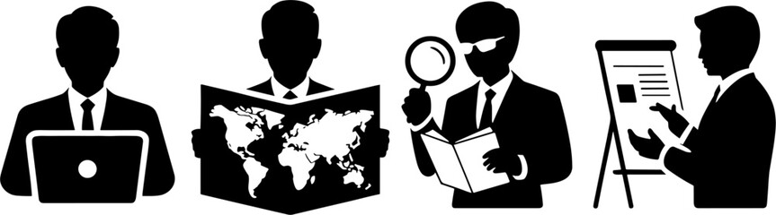 Businessman Working Laptop Global Map Reading Magnifier Presentation Meeting
