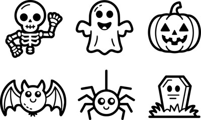 Fototapeta premium Cute Halloween Characters Skeleton Ghost Pumpkin Bat Spider Coffin