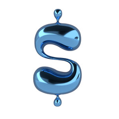 3D render of S-shaped sculpture is floating on transparent background, showing metallic blue finish