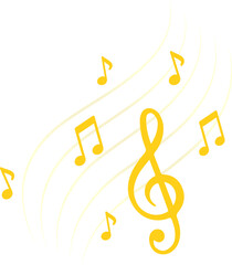Flat design showing treble clef with floating notes on curved staff lines, transparent background