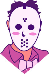Person is wearing hockey mask and bow tie standing in transparent vector portrait with purple shirt