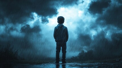 Obraz premium Boy standing under raining clouds that only follow him, concept: emotional confusion, sadness, minimal background generative ai