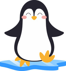 Cartoon penguin is standing on ice floe with glossy sheen in flat design, transparent background