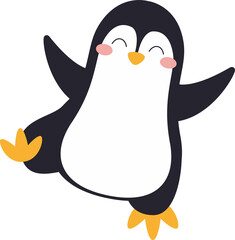 Flat cartoon penguin is dancing on transparent background with pink cheeks, orange beak