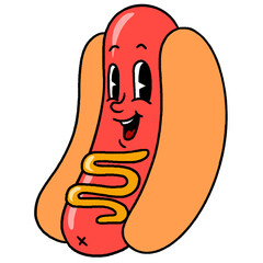 Cartoon style smiling hot dog in bun is floating on transparent backdrop with yellow mustard swirl