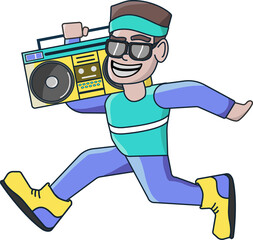 Cartoon man is leaping with yellow and teal boombox in flat vector design, transparent background