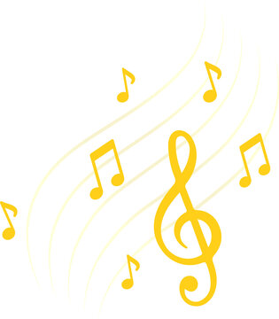 Flat design showing treble clef with floating notes on curved staff lines, transparent background