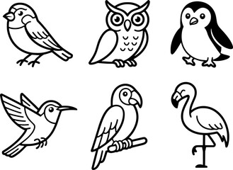 Fototapeta premium Line Art Exotic Bird Set Sparrow Owl Penguin Hummingbird Parrot Flamingo