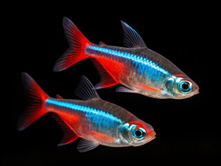 A neon tetra swimming in an aquarium with a black background. Swimming gracefully.	