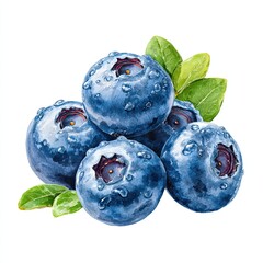 Watercolor illustration of fresh blueberries with green leaves isolated on white background for design