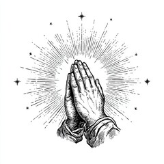 Engraving of praying hands with radiant light and stars in vintage black and white spiritual illustration