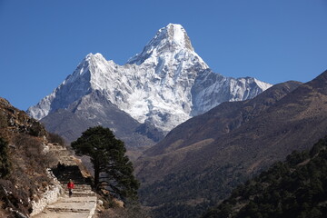 Trekker with Ama Dablam Mountain in the Background, Himalayas, Nepal