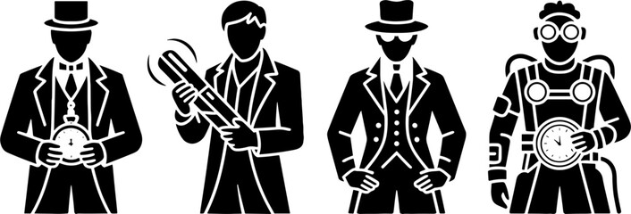 Steampunk Men Holding Clock Pocket Watch Victorian Style Characters