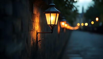 Illuminated wall sconces at night.