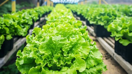 Hydroponic lettuce farm with LED grow lights and clean rows.