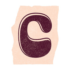 Retro-style capital letter C is sitting on torn paper with grainy texture, transparent background