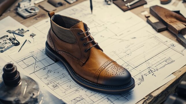 Brown leather boot displayed on a blueprint layout in a workshop showcasing craftsmanship skills and attention to detail