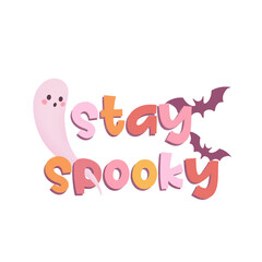 Ghost is floating beside flat-style Halloween text, purple bats, transparent background