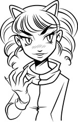 Stylized cat-girl character wearing cat ear headband is posing in line art, transparent background