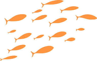 Flat design orange fish silhouettes are swimming diagonally across transparent background