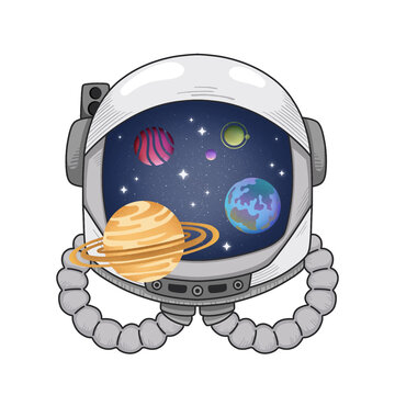 Naklejki Flat design depicting astronaut helmet hosting planets, stars in visor, transparent background
