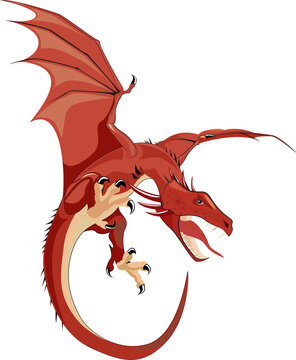 Flat design red dragon is flying with scales, bat wings and sharp claws on transparent background
