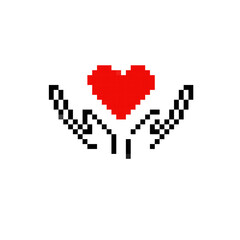 Obraz premium Mosaic pixel heart held by hands, expressing care and protection in retro and pixel art style.