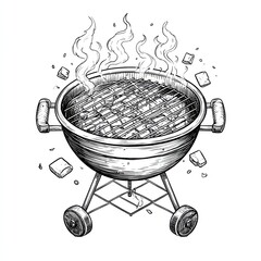 Sketch engraving of round charcoal grill with smoking meat and falling briquettes in vintage style