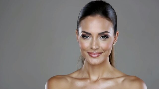The best years of a woman: video portrait of a very beautiful mature woman with matte skin and a sweet, reserved smile on a dark monochrome background