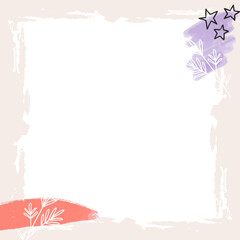 Vector watercolor border is floating on transparent background showing teal fill and leaf doodles