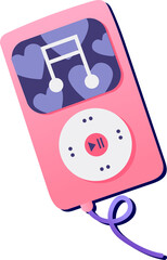 Flat portable music player with click wheel and coiled cable is tilting on transparent background