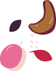 Organic shapes showing fruit slices and seeds are floating in flat design, transparent background