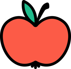 Flat vector apple silhouette is showing green leaves and black outline on transparent background