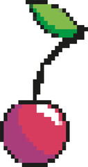 Red pixel art cherry is floating on transparent background with black stem, green leaf, white shine