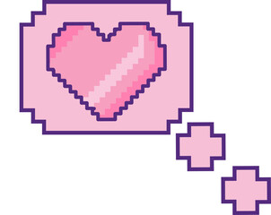 Obraz premium Showing pixel-art heart inside pink thought bubble with two pixel crosses on transparent background