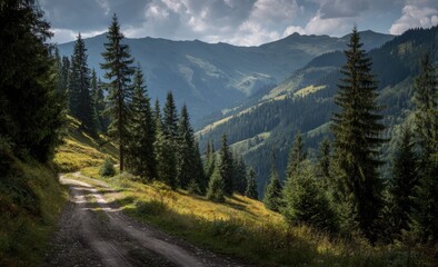 Serene mountain valley scene; dirt road winds through sun-dappled grassy hillside, flanked by tall evergreen trees under a partly cloudy sky