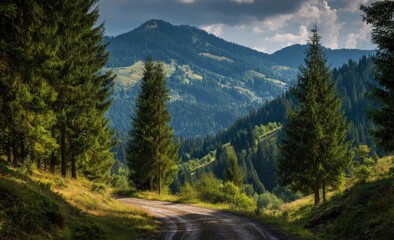 Sun-dappled dirt road winds through lush evergreen forest towards majestic, rolling mountains under a partly cloudy sky