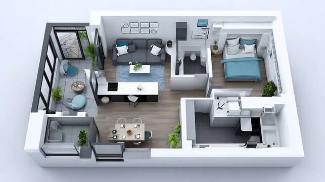 Isometric 3d apartment interior floor layout with furniture and decor elements