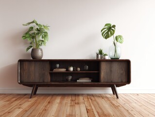 Mid-century modern dark wood media console with open shelving, flanked by potted plants against a white wall, on a hardwood floor