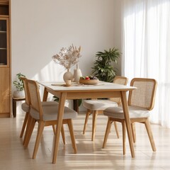 Light wood dining set with white top, four cane-back chairs, and minimal decor