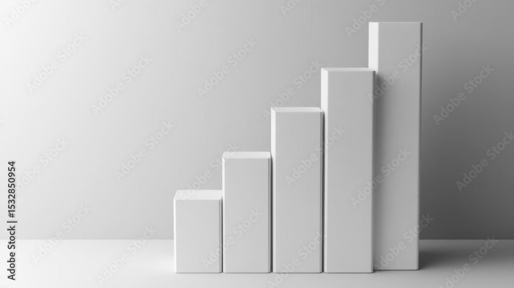 Poster minimalistic bar chart with three-dimensional bars in various heights, set against a clean white bac
