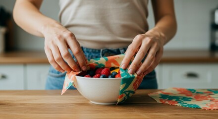 Person covering a bowl of mixed berries with reusable fabric wraps