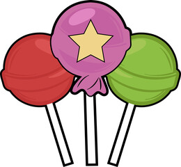 Lollipop trio is appearing on white sticks in flat vector with yellow star, transparent background
