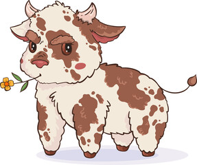 Cartoon-style calf is standing on purple oval shadow, chewing yellow flower, transparent background