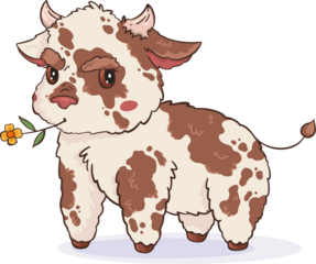 Cartoon-style calf is standing on purple oval shadow, chewing yellow flower, transparent background