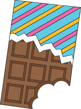 Naklejki Flat-design unwrapping striped blue wrapper revealing bitten chocolate bar, transparent background