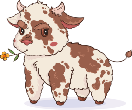 Cartoon-style calf is standing on purple oval shadow, chewing yellow flower, transparent background - Powered by Adobe