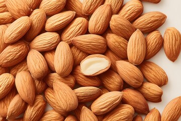 Fototapeta premium Close-up shot of a heap of fresh almonds, showcasing their rich textures and appealing shapes.
