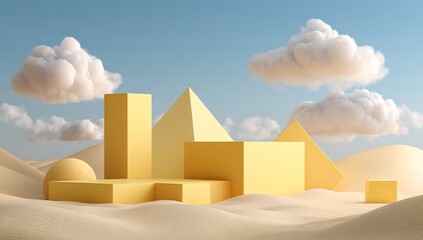 Minimalist golden pyramid structures in desert with blue sky and clouds