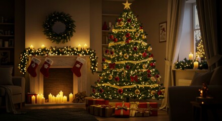 Warmly lit living room, Christmas tree adorned with ornaments, presents underneath, fireplace with stockings, candles, and festive garland